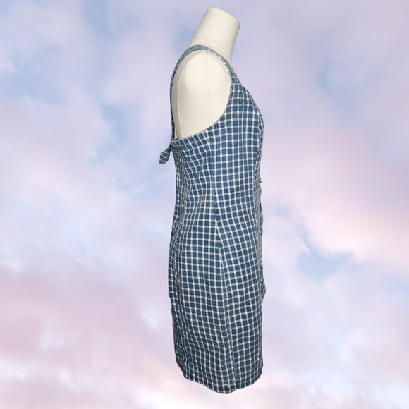 Vtg 90 Y2k Blue White Plaid Gingham Midi Tank Button Up Cotton Summer Dress Sz 9 - Picture 3 of 7